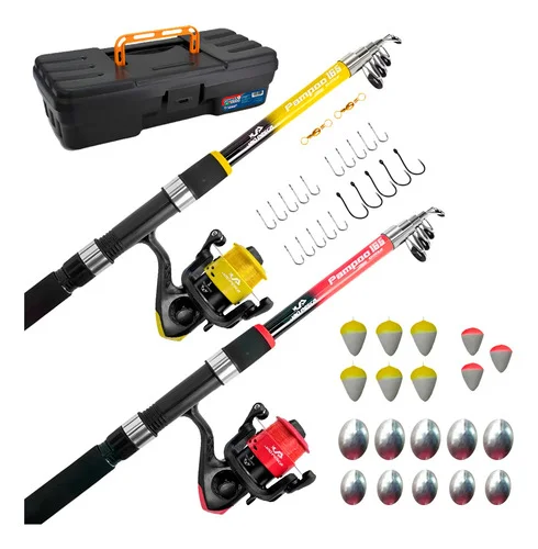 2 Kit Pesca Completo 2 Varas 10kg + 2 Molinetes Jp250 1-rol Vermelho/amarelo