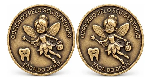 2 Moeda Fada Dente De Leite Fairy Tooth Medalha Infantil Ouro Envelhecido Menino E Menina