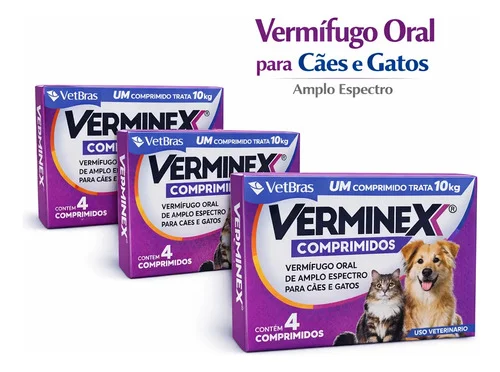 3 Caixas Vermífugo Verminex Vetbras 4 Comprimidos Cães Gatos Branco