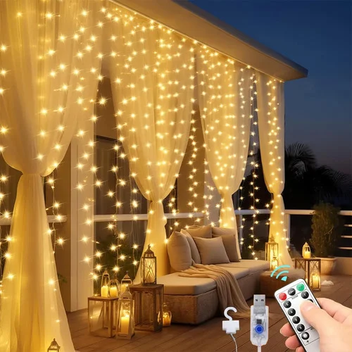 300 Leds 3x3 M Usb Luz De Cortina Decoraçãoluzes Natal Branco Quente 127/220v