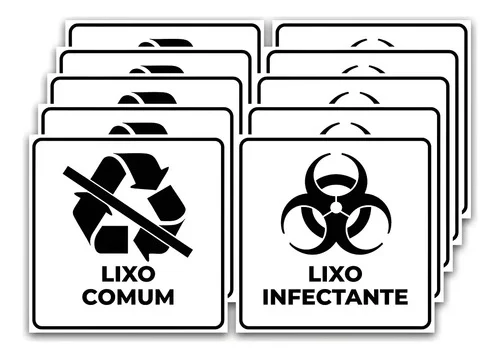 Adesivo Lixo Comum E Lixo Infectante Kit 10 Unidades 15x15cm Branco