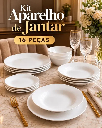 Aparelho De Jantar 16 Peças Vidro Branco Jogo De Pratos Raso Fundo Bowl Kit Mesa Posta Louça Opalino Resistente Elegante