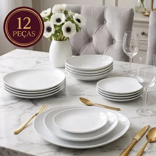 Aparelho Jogo Kit De Jantar 12 Peças Opalino Branco Concavo Pratos E Bowl Mesa Moderno Liso Resistente Sólar