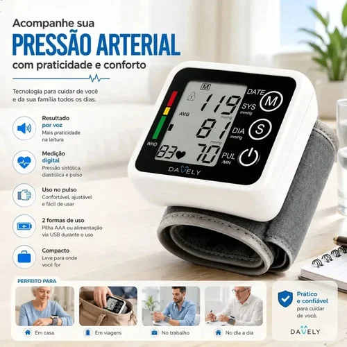 Aparelho Medidor De Pressão Arterial Digital Pulso Braço Aparelho Digital De Pressão Pulso A Pilhas Aparelho Pressão Digital Pulso Automático Visor LCD Com Voz Portátil Controlador De Pressão Davely