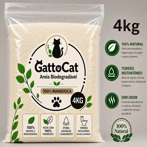Areia Higiênica Biodegradável para Gatos 4kg 100% Mandioca Fina Torrão Instantâneo Zero odor Sanitária GattoCat