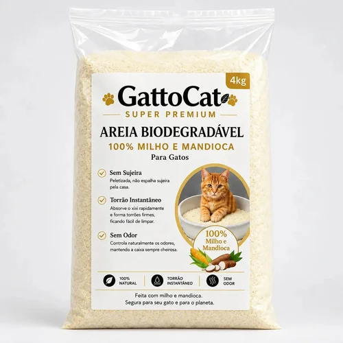 Areia Higiênica Biodegradável para Gatos 4kg Super Premium 100% Milho e Mandioca Fina Torrão Instantâneo Zero odor Sanitária GattoCat