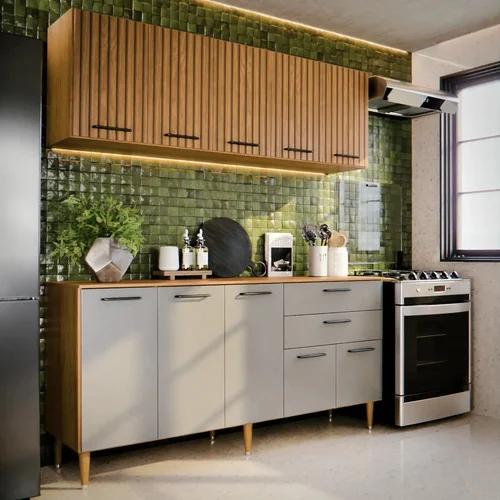 Armário de Cozinha Compacta Modulada Com Balcão e Aéreo, 140 cm, 10 Portas e 2 Gavetas, Ripado 3D Cinza Grafite