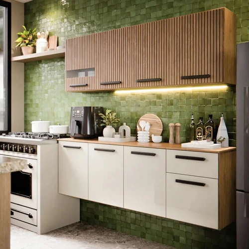 Armário de Cozinha Completa Aéreo Com 8 Portas e Detalhe em Vidro Balcão Com Gaveta Ampla Suspenso Ripado 3D OFF White Vitoria
