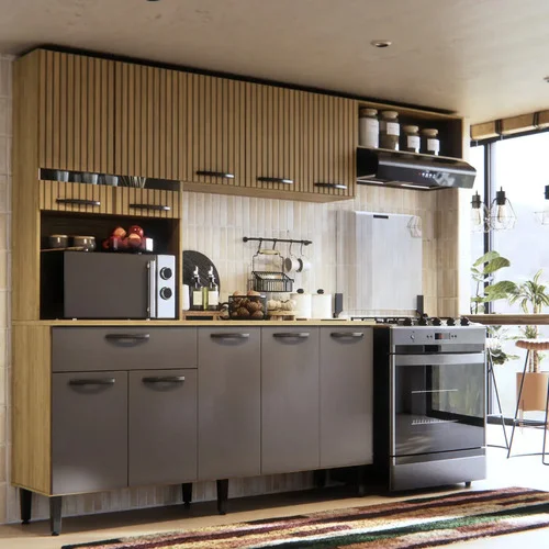 Armário De Cozinha Completa Compacta 10 Portas E Gaveta Dora Com Nicho E Pés Estilo Modulada Cor Ripado Grafite