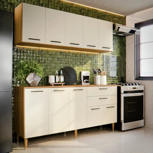 Armário De Cozinha Completo 140cm Aéreo E Balcão, 10 Portas E Gavetas, Funcional Para Cozinhas Ou Planejada Compacta Suspenso De Parede Off White Bela