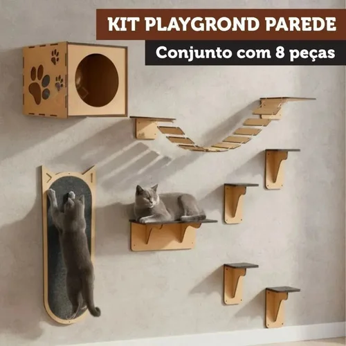 Arranhador Parede Gato Mdf Playground Kit Nicho Ponte Degrau Natural / Bege (mdf Cru)