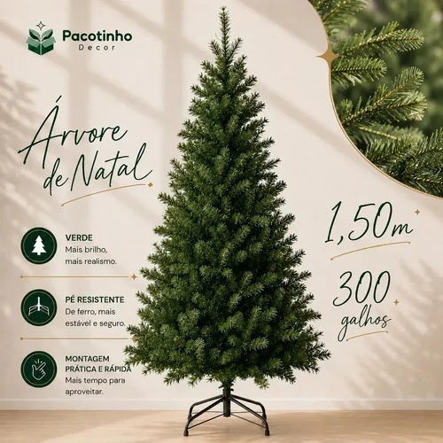 Árvore De Natal 1,50m 300 Galhos Verde Base Metal Pinheiro Canadense Pacotinho Decor