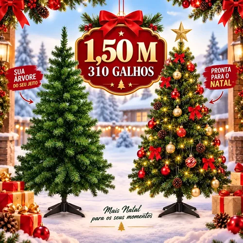 Árvore De Natal 1,50m 310 Galhos Pinheiro Artificial Cheia Verde
