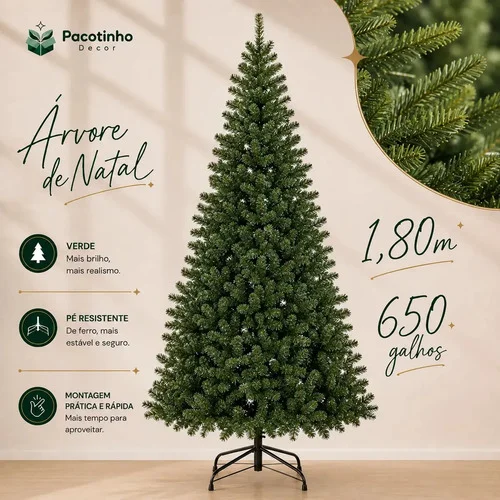 Árvore De Natal 1,80m 650 Galhos Verde Base Metal Pinheiro Canadense Pacotinho Decor