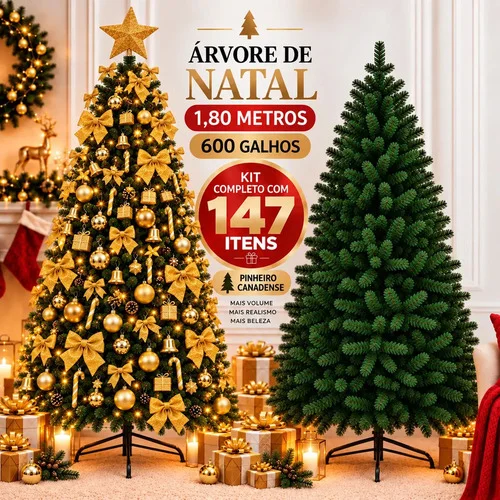 Árvore De Natal 1,80m Decorada Dourada Luxo Pinheiro Canadense Verde Cheia 600 Galhos Imperial +147 Itens AQUATTRO