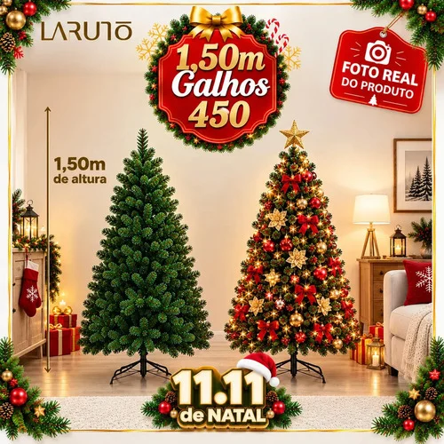 Árvore de Natal Canadense Pinheiro Luxuosa 1,50m 450 Galhos Cheios Verde Dobrável Decoração de Natal LARUNO