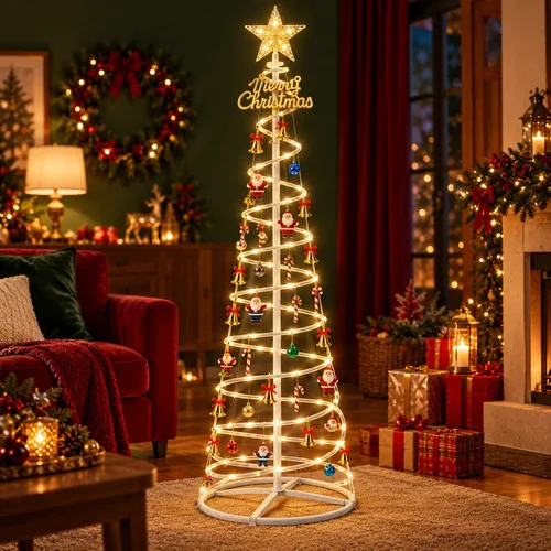 Árvore De Natal Espiral Led Dourada 1.8m Com Enfeites Branco
