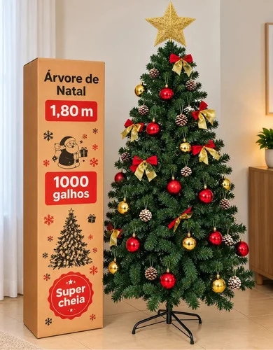Árvore de Natal Verde Pinheiro Realista Premium 1,80 M grande com 1000 Galhos Cheia e Pé de Ferro Premium Luxo Natalina para decorar