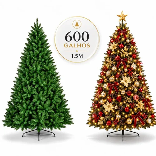 Arvore Natal 1,5 Metros 600 Galhos Volumosa Pinheiro Natalino Verde Base de Metal Reforçada e Resistente