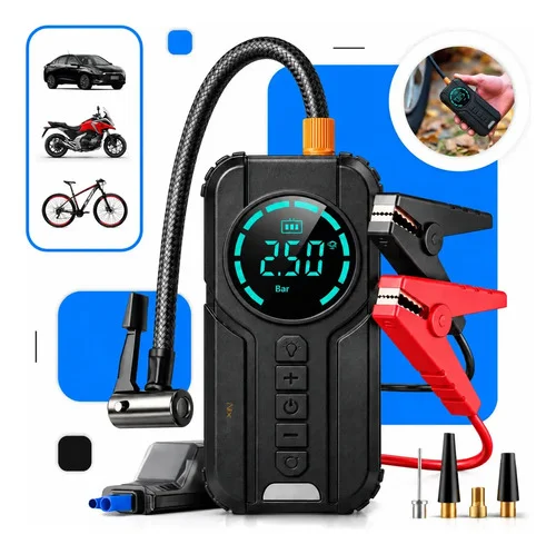 AuxiIiar de Partida Carregador Bateria Com Compressor De Ar Portátil VeicuIar Emergência 6 em 1 InteIigente Digital 12V CaIibrador Pneu Automotivo Lanterna LED Moto SUV Bike Caminhonete Marca Nixzen