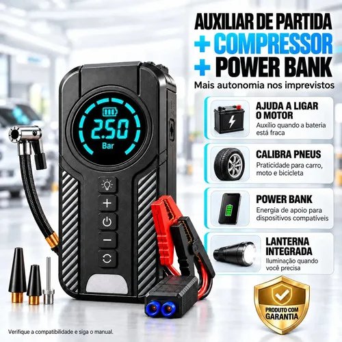 Auxiliar de Partida Compressor de Ar Portátil 4 em 1 Calibrador Digital de Pneus 150 PSI 110/220V Power Bank Lanterna LED Recarregável USB-C Bivolt Carros Motos Bicicletas Bolas Inflavel Eletric Teck