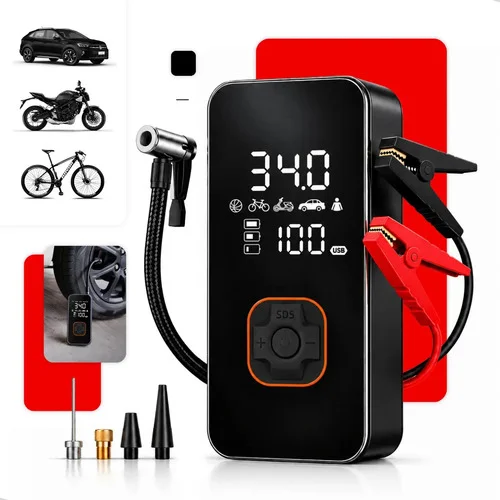 Auxiliar de Partida e Compressor de Ar Portátil Floots com Lanterna LED e Power Bank para Carro, Moto e Bicicleta
