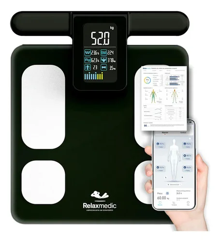 Balança Bioimpedância Corporal Digital 8 Sensores Profissional Bodyscan - Relaxmedic Cor Preto