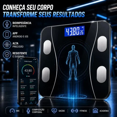 Balança Digital Bioimpedância Smart Bluetooth Inteligente IMC Saúde Peso App Android Academia Banheiro Alta Precisão Megalodonte