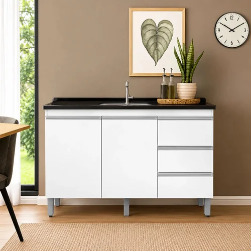 Balcão Pia Cozinha 120cm Branco Sem Tampo Gabinete Armário