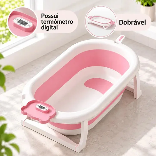 Banheira Dobrável Kidsneed 35L com Termômetro para Bebê – Rosa Urso