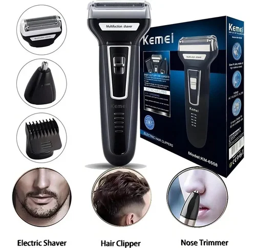 Barbeador Aparador Cortador Kemei 3 em 1 KM-6558 Recarregável Preto