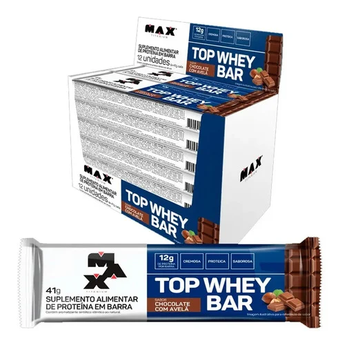 Barra de Proteína 12 Unidades Top Whey Bar Max Titanium Chocolate com Avelã