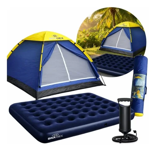 Barraca 4 Pessoas Camping Acampamento Colchão Casal + Bomba Azul