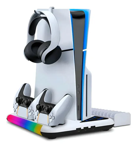 Base Carregador Cooler Para Ps5 Slim Fat Suporte Controles Branco