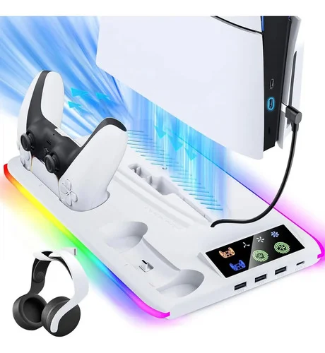 Base Cooler Para Ps5 Pro Slim Fat Suporte Dock Carregador De Controles Com Led Rgb, Cor Branco - A+ Utilidades