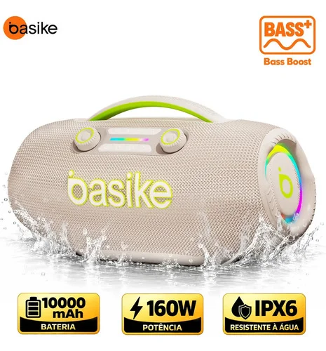 Basike Caixa de Som Bluetooth 160W RMS Boombox TWS Bass Boost IPX6 RGB 10000mAh 12h USB TF AUX Estéreo HiFi Subwoofer Powerbank Portátil Praia Camping Churrasco Festa Viagem