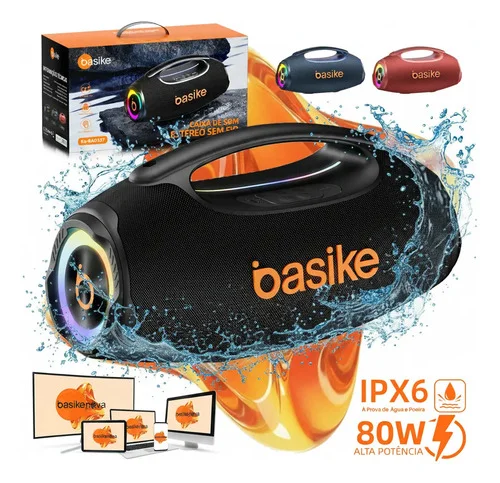 Basike Caixa de Som Portátil Com Bluetooth Boombox 80W 8000Mah 10hrs Sem fio IPX6 À Prova D'água Com Bateria Recarregavel Luz RGB Hifi TWS Bass Forte Áudio de Alta Qualid Para TV Festa Casa Subwoofer