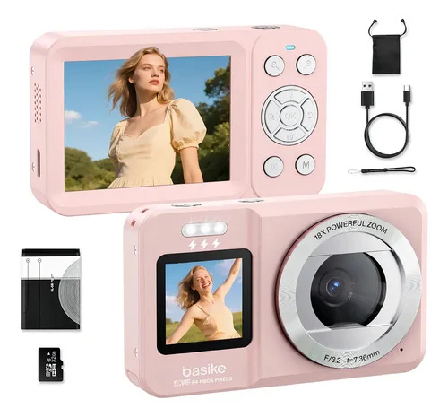 Basike Câmera Digital 4k portátil Tela Dupla ecrã IPS de 2,8 polegadas Ultra Hd 64mp, Zoom 18X, com Flash, Foco Automático e Função Webcam, bateria incorporada com cartão SD de 32GB Para viajes, vlogg