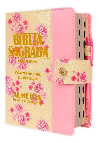 Bíblia Sagrada Feminina C/harpa E Botão - Floral E Rosa De João Ferreira De Almeida. Bíblia Sagrada Editorial Rei Das Bíblias