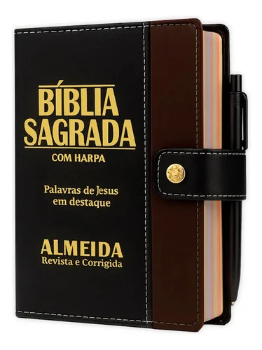 Bíblia Sagrada Letra Grande Botão Preta C/ Marrom C/ Harpa C