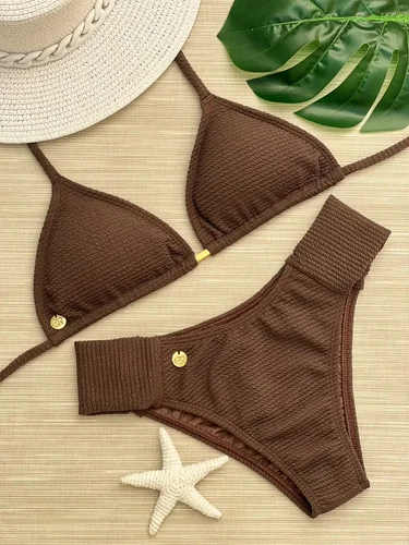 Biquini Cortininha Com Bojo Calcinha Borboleta Moda Praia Canelado Marrom G