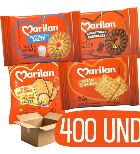 Biscoito Amanteigado em Sache Sortidos Marilan Kit 400u Chocolate Leite Cracker Maizena