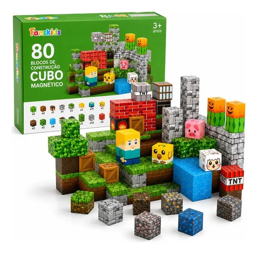 Blocos De Montar Magnético 80 Peças Criativo Mundo De Cubo Construção 3d Infantil Educativo Com Personagens Brinquedo Nanotoyzzz
