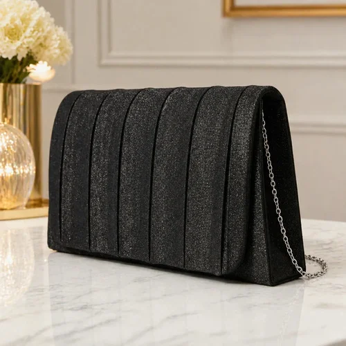 Bolsa Clutch Carteira Acetinada Casamento Festa Luxo Brilho Preto Acetinado Metal Prateado