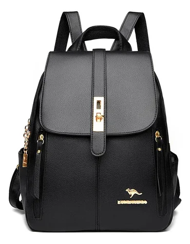Bolsa Escolar Feminina Mochila Couro Pu Elegante Moda Médio Preto Liso Ouro