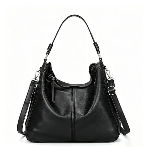 Bolsa Feminina Boston Preta em Couro PU, 2 em 1 de Ombro e Transversal, Elegante para Trabalho e Uso Diário