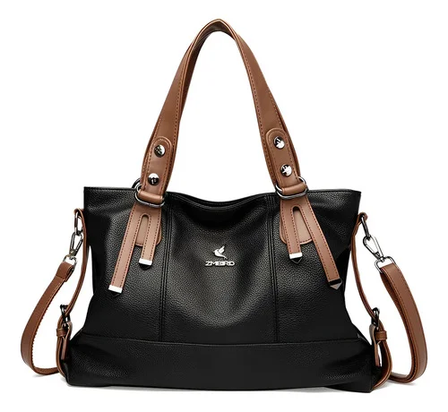 Bolsa Feminina Grande Capacidade De Couro Transversal Preta Preto Couro Pu Liga Marrom