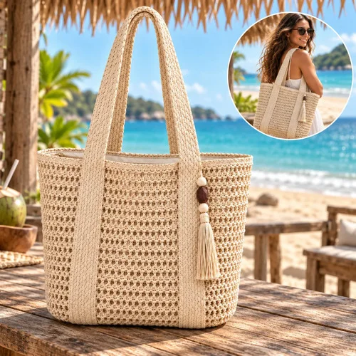 Bolsa Palha Praia Grande Verão Piscina Feminina Casual Clube Bege Níquel