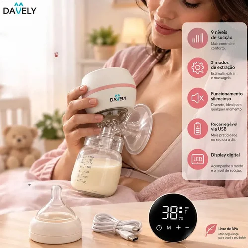 Bomba Tira Leite Materno Elétrica Portátil + Mamadeira Extratora Amamentação Sem BPA Coletor Sugador Bombinha Peito 3 Modos 9 Níveis de Sucção Recarregável Silenciosa Display Digital Davely