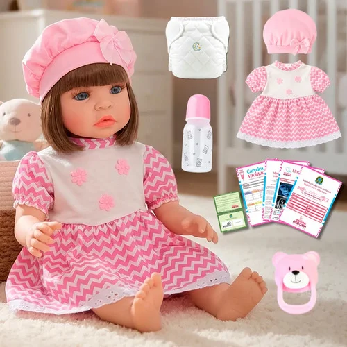 Boneca Bebê Reborn Realista Em Silicone Pode Dar Banho Vestido Listrado Rosa